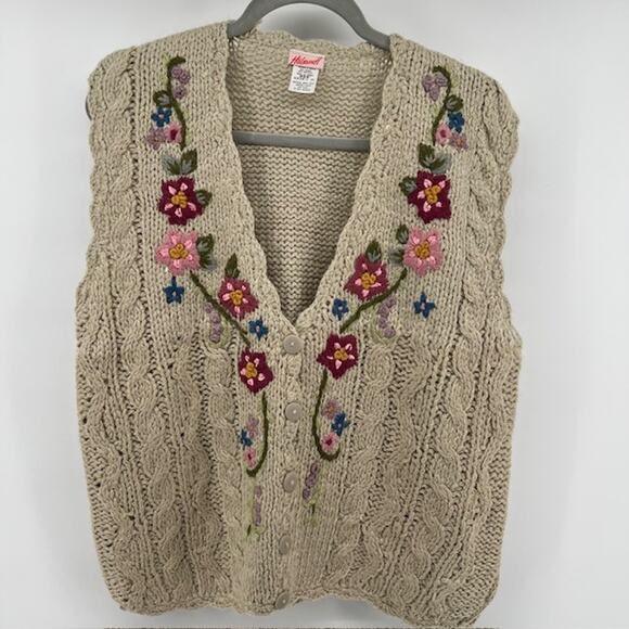 Haband! Sweaters - VTG Haband Cardigan Cable Knit Sweater Vest Womens M Floral Embroidered Cottage